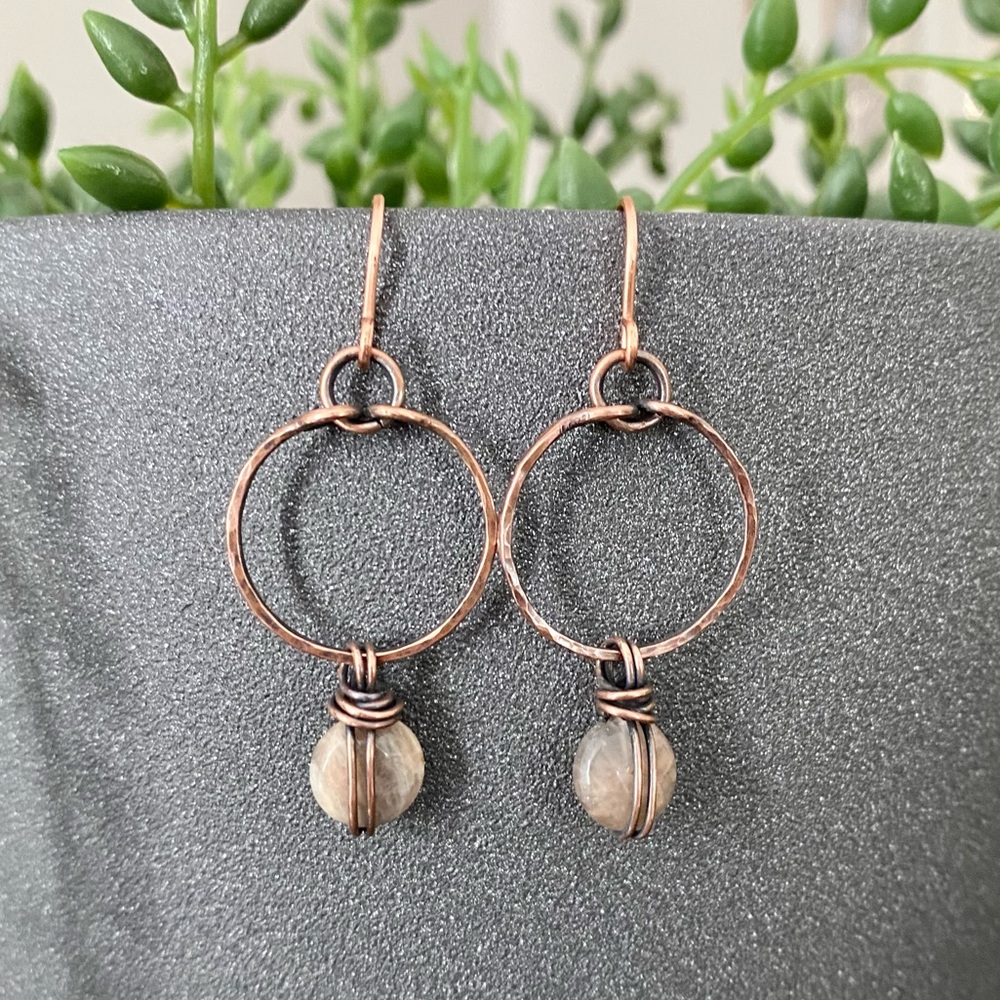 Handcrafted Moonstone + Copper Dangle Hoop Earrings
